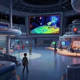 inside the terminal building of a space port, from a space themed LucasArts point and click 2D graphic adventure game, high quality graphics