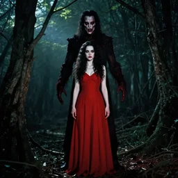 joshua middleton, sam yang, full body, pretty alyson hannigan, evil dead demon, evil dead movie, red dress, symmetrical eyes, symmetrical face, long curly black hair, trees, forest, branches, cinematic lighting, evil dead creature, scary, blood