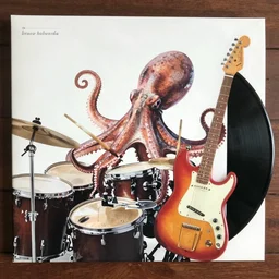 a beautiful vinyl cover by bruce holwerda of an octopus playing drums and telecaster guitar in an electronic concert, dark background, concert light, dark mood, cold lighting
