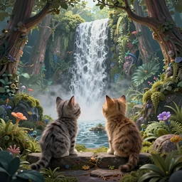 two kittens in the enchanted forest stand on the steps and watch the waterfall, fantasy, intricate, extremely detailed, matte, featured in artstation, art by louis wain, greg rutkowski