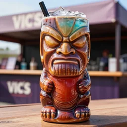 a closeup photorealistic photograph of a glossy thanos style tiki mug sitting at an outdoor trader vic's bar featuring the face of thanos. tiki theme. icy colorful drink. bright scene. fine detail. this 4 k hd image is trending on artstation, featured on behance, well - rendered, extra crisp, features intricate detail, epic composition and the style of unreal engine.