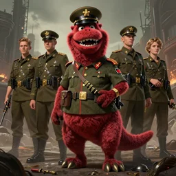 portrait of a facist barney the dinosaur, epic, tragic, military art, fantasy, dieselpunk, hd shot, digital portrait, beautiful, artstation, comic style, by artgerm, guy denning, jakub rozalski, magali villeneuve and charlie bowater