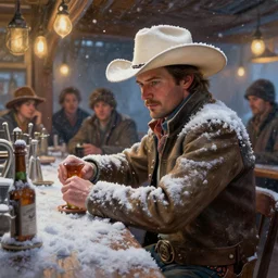 highly detailed painting of a snow - covered cowboy in a bar, stephen bliss, 8 k hdr, unreal engine, by greg rutkowski, loish, rhads, artgerm, ferdinand knab, makoto shinkai and lois van baarle, ilya kuvshinov, rossdraws, tom bagshaw, backlit, bokeh, detailed and intricate environment