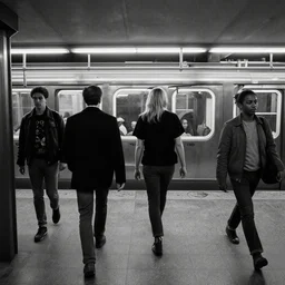 multiple people walking in the city by richard avedon. subway. street photography. black and white. ilford delta. long exposure, motion blur.