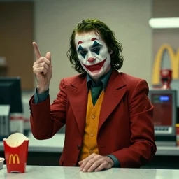 jack nicholson as joker working in imperial mcdonalds behind counter, fleshtone facepaint coming off, movie still, dslr