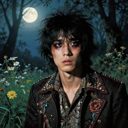a handsome but creepy young asian man in layers of fear, with haunted eyes, violence in his eyes, wild hair, wearing a punk outfit, 1 9 7 0 s, seventies, delicate embellishments, a little blood, woodland, moonlight shining on wildflowers, painterly, offset printing technique, by alexandre cabanel