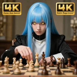 rimuru as ilya kuvshinov playing chess, with gold eyes, straight hair, sky blue hair, long bangs, high collar, concept art, award winning photography, digital painting, cinematic, by wlop, anime key visual, wlop, 8 k, by ross tran, tom bagshaw, andy warhol