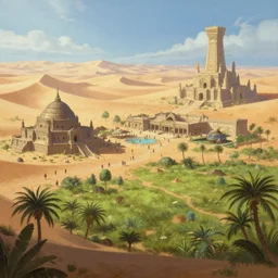 the elder scrolls vi hammerfell, hamlets, marketsquare, desert, mesa, oasis, sand dunes, ruined temple, meadows, sub tropical weather, illustration, rim light, top light, perfectly shaded, soft painting, art by krenz cushart and wenjun lin