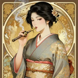 hyperdetailed portrait of a woman in a kimono smoking a marijuana bong, digital painting, artstation hq, sharp foccus ilustration, artstation hq. intricate, elegant. wlop, artgerm, greg rutkowski, alphonse mucha, medium shot. dan mumford, tomokazu matsuyama, takato 4 yamamoto