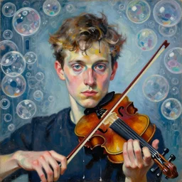 portrait of a young violinist focusing, painted by vincent lefevre and hernan bas and pat steir and hilma af klint, psychological, symmetrical face, dripping paint, washy brush, background with hundreds of bubbles of memories by andreas gursky, rendered in octane, altermodern, masterpiece