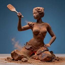 highly detailed photography of a woman made of rust clay and ember, rocks, hand gesture, sharp focus, dust particles, dirt, dramatic scene, aesthetic, dynamic lighting, elegant, harmony, masterpiece, by roberto ferri, blue background, high quality, spatula