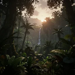 a beautiful render of a dark prehistoric rainforest, lush flora, patches of sky, sunset, mountains and a waterfall in the background, intricate detail, hazy, humid, volumetric lighting, 8 k, photorealistic, raytracing effects, unreal engine 5