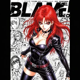 highly detailed professional 9 0 s seinen manga cover art of goth woman with red hair, red eyes, leather clothes, black makeup. chunibyo. horror action cyberpunk action manga cover promotional art. detailed intricate environment. pencils by ilya kuvshinov, painted by zdzislaw beksinski, inks & layouts by tsutomu nihei. blame!