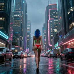 city of the future, many skyscrapers, blade runner style, hyper-realistic, octane render, realistic, real, street, night, rain, wet beautiful girl wearing a red bikini top and red bikini bottom with blue hair walking away with green rim light, cinematic, 8k, very intricate, 80's