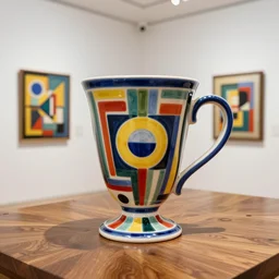 beautiful gallery show studio photograph of a tall colorful geometric symmetrical fancy giant stoneware coffee cup, glazed by bridget riley and victor vasarely, placed on a polished wooden table, hyperrealism 8 k trending on artstation