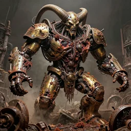 movie still of star demon battle chaos, intricately macerated by age, sentient, dethroned goliath machine, blood turbines, hydrocracking battles, rusted, macerated, eviscerated by fimbria wires, bicornate fungal pit, brass sheen rotting, by alberto bontempi, jack kirby, alex ross, shigeru komatsuzaki,