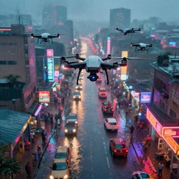 3 d vfx art of flying drones above a bustling - neon lit - rainy ajegunle street in nigeria, cinestill 8 0 0 t photograph, unreal engine render, digital illustration, illustration style by mike winkelmann, sharp, intricate detail, volumetric light, ray tracing, soft light, colourful, surreal environment, first person view,