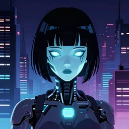 super detailed 8 0's illustration horror art of a glowing android girlwith bangs, cyberpunk city, danguiz, flat art, sharp, by ilya kuvshinov