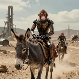 Steven Spielberg movie shot of a robot monkey riding a donkey. Post apocalyptic world