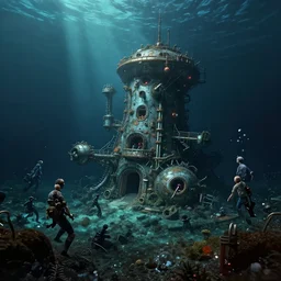 a underwater landscape with a destroyed station by greg rutkowski, sung choi, mitchell mohrhauser, maciej kuciara, johnson ting, maxim verehin, peter konig, soma, 8 k photorealistic, cinematic lighting, hd, high details, dramatic, dark atmosphere, trending on artstation