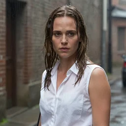 A close-up, color outdoor film still of a Alicia Amanda Vikander in sleeveless white shirt is standing in the alleyway, dynamic lighting at heavy rain, from Blade Runner(1982).