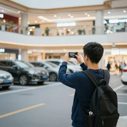 a boy taking a photo at a parking lot mall