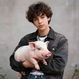 a trans boy with a piglet. memphis style