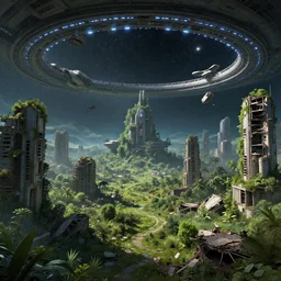 a post apocalyptic city in ruins inside a spaceship with a dome with the stars, falling buildings, Halo Array, nature growing around the city, futuristic estructures in ruins, lush scenery, concept art, trending in artstation, lush landscape, pretty space stars, realistic light, award-winning, spaceship in space in ruins