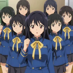 a group of anime girls wearing blue uniforms with golden ribbons, key visual, high quality