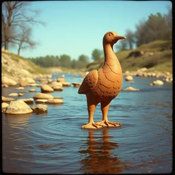 1 9 6 0 s vintage scanned color photo of a ancient terracotta sculpture of a bird in the middle of a river, image by werner herzog, tarkovsky