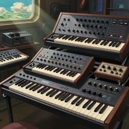 a layout of amazing futuristic synthesizers, cinematic lighting, detailed, beautiful colors, by greg rutowski and studio ghibli