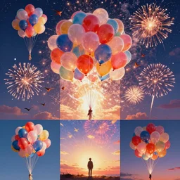 Bright, man in distance. colourful montage, photorealistic, layered, balloons, fireworks, birds