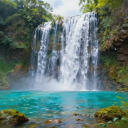 a euphoric waterfall on the side of the most beautiful island with crystal clear water romanticism oil painting