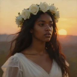 oil painting close up portrait of a contemplative young black woman with long dark flowing hair in a white dress, wearing a crown of white roses!! at sunset, hazy, digital art, chiaroscuro, artstation, cinematic, golden hour, digital art painting by greg rutkowski, william - adolphe bouguereau, hazy atmosphere, cinematic lighting