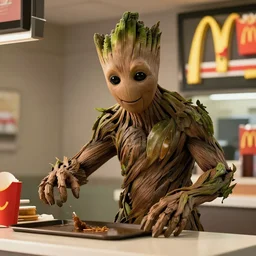 film still of Groot working at McDonald's in the new Avengers movie, 4k