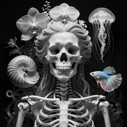 close-up portrait goddess skull, thorax, x-ray, backbone, jellyfish phoenix head, nautilus, orchid, betta fish, bioluminiscent creatures, dark deep complex background, intricate artwork by Tooth Wu and wlop and beeple. octane render, trending on artstation, greg rutkowski very coherent symmetrical artwork. cinematic, black and white, contrast, hyper realism, high detail, octane render, 8k