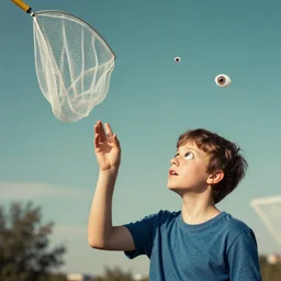 boy catches flying eyes with a net, psychodelic, surreal