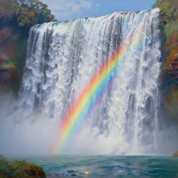 oil on canvas waterfall and rainbow, ethereal, beautiful, detailed, amazing, glitter, 8 k render octane high definition