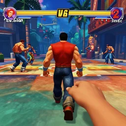First-Person VR POV screenshot. Walking through Street Fighter 2. Trending on Artstation. Lighting, colors, and shading by James Gurney.