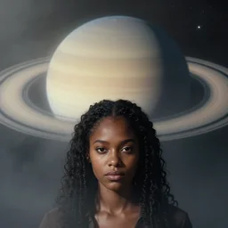 symmetry!! a beautiful young black woman standing in front of saturn in space. cute - fine - face, pretty face, realistic shaded perfect face, dark, concept art, cinematic, dramatic, atmospheric, 8 k, trending on artstation, haze, low visibility, fog, christopher nolan, interstellar