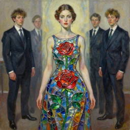 beautiful woman wearing a dress made from stained glass in the design of a rose. oil on canvas by artgerm and greg rutkowski and ilya kuvshinov paul lerh