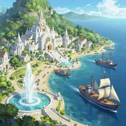 A fishing port near the ocean in a beautiful elven city made of white marble, anime, lush trees, fountain, sailboats, fishing boats, warships, a fantasy digital painting by Greg Rutkowski and James Gurney, trending on Artstation, highly detailed