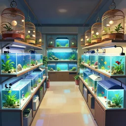 arrays of betta tanks, pleasing two - point - perspective anime background clean neat clarity professional visual development set design, tiny cozy store with hanging bird cages and bright fish aquariums, sparse planted terrariums, dim painterly lighting volumetric aquatics, impasto, trending on pixiv
