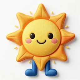 3 d colorful vibrant sun headed character, smiling, cute, embroidered sculpture