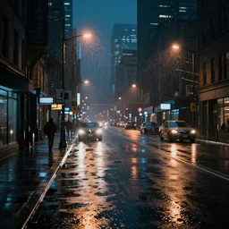 rainy night city street, headlights, street lights, neon, reflections, cyberpunk vibe, photographic realism, ridley scott