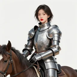 a young woman in full plate armor with beautiful hair and red lips on a horse. she is a knight. clean cel shaded vector art. shutterstock. behance hd by lois van baarle, artgerm, helen huang, by makoto shinkai and ilya kuvshinov, rossdraws, illustration, art by ilya kuvshinov
