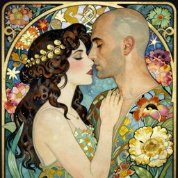 a couple in love. she has dark wavy hair. he is bald. in the style of art nouveau. alphonse mocha. colorful floral. hyper detailed. intricate. beautiful.