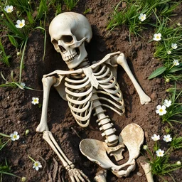 a human skeleton half inside the soil and upper half outside the soil surrounded with some grass and white flowers