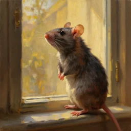 oil painting of a rat dressed as an english professor, looking out a window contemplatively, digital art, artstation, cinematic, golden hour, digital art painting by greg rutkowski
