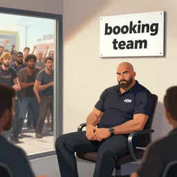 aew owner tony khan sitting in a room alone, a sign on the wall says,'booking team ', while an angry mob of people outside of the room bang on the door, the people outside can be seen through a window on the wall of the room, comic book style